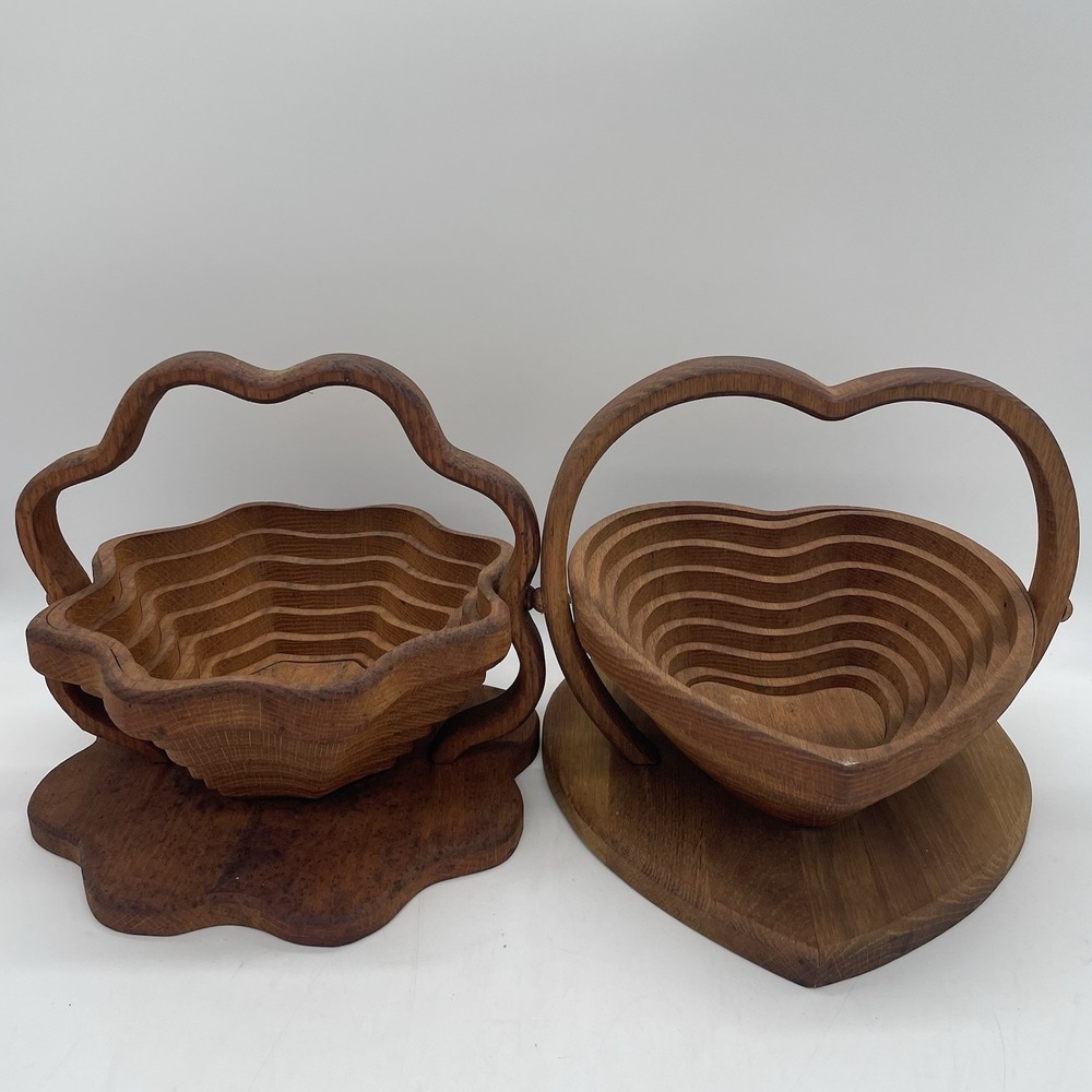 2 Vintage Handcrafted Folding Spiral Collapsible Wooden Baskets Bowl Heart